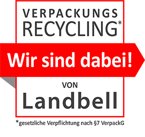 Landbell-Logo mit Hinweis „Wir sind dabei!“ für gesetzliches Verpackungsrecycling nach §7 VerpackG