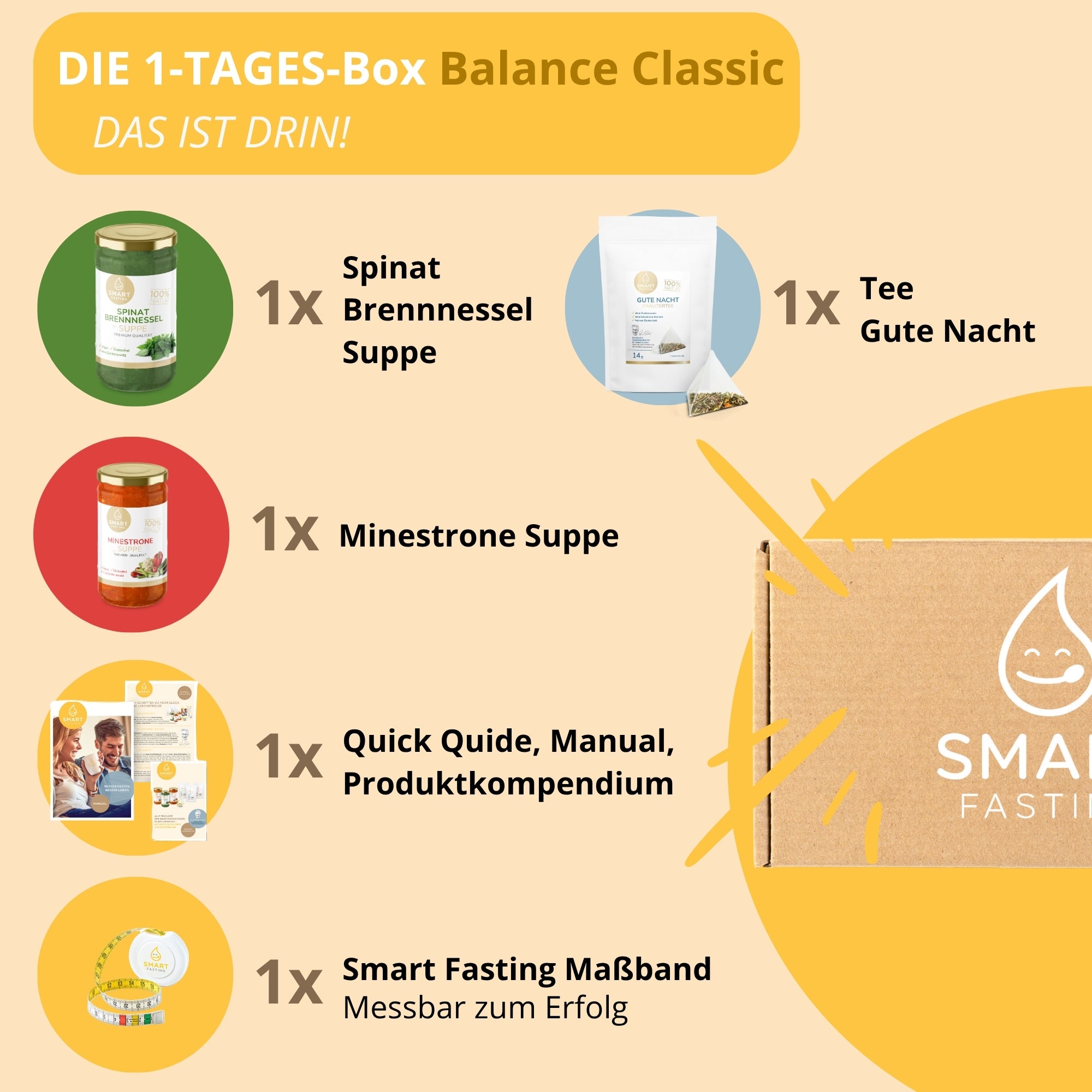1-Tages Box "Balance Classic" – Klassischer Einstieg ins Fasten mit Suppen & Tee